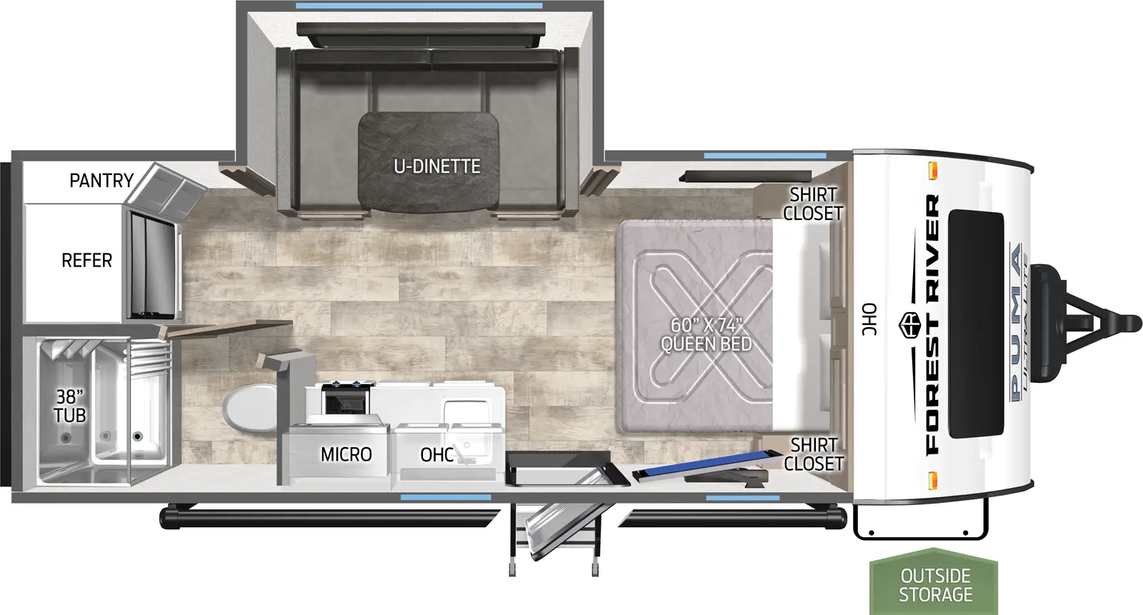 The Puma Ultra Lite 16DSX floorplan has one entry and one slide out. Exterior features include: metal exterior and 14' awning. Interiors features include: u-dinette and front bedroom.